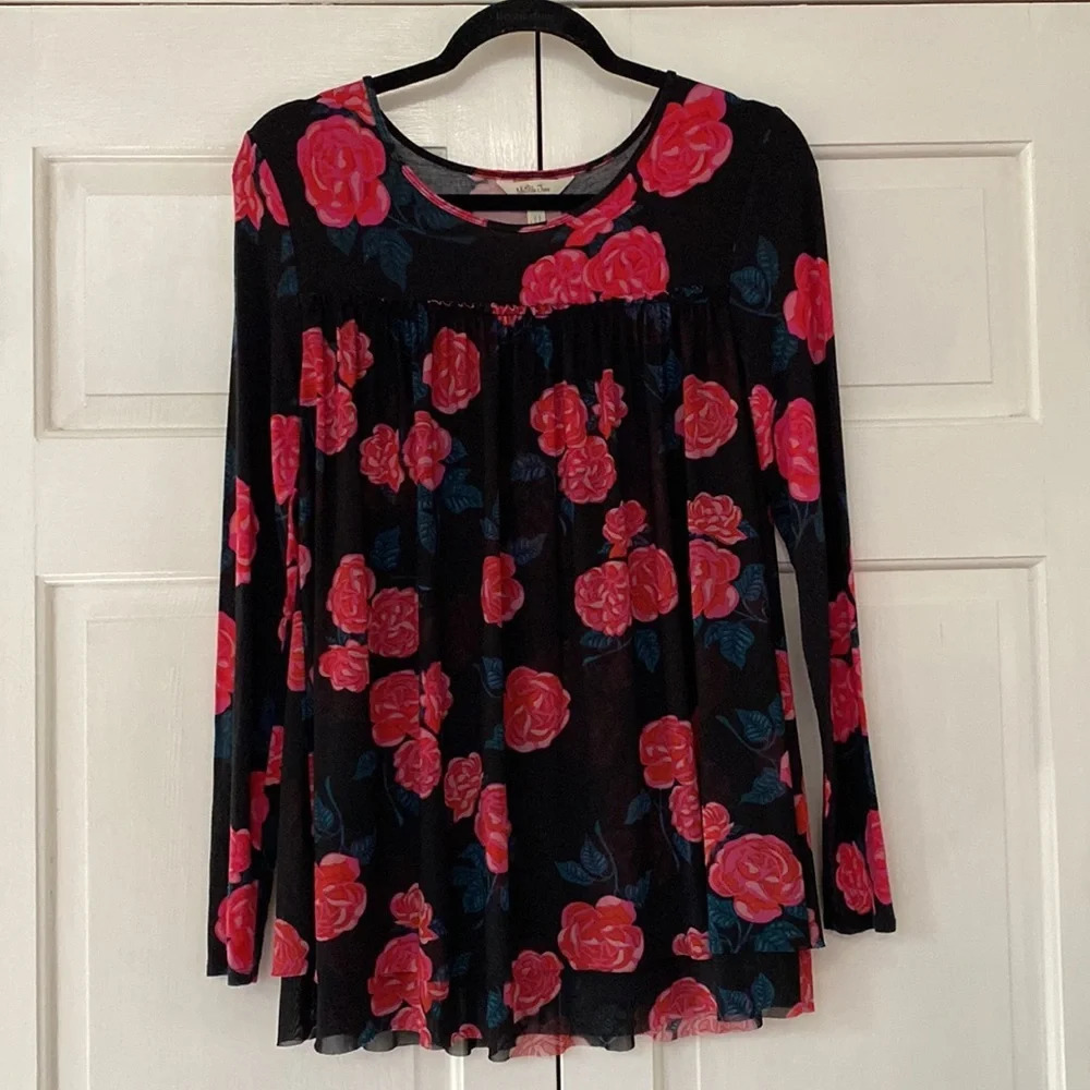 Matilda Jane Winter‎ Blooms Long Sleeve Pink Rose Floral Tulle Overlay Black Top